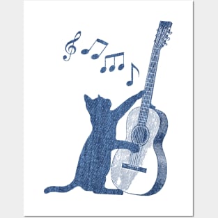 Cat playing guitar, denim Posters and Art